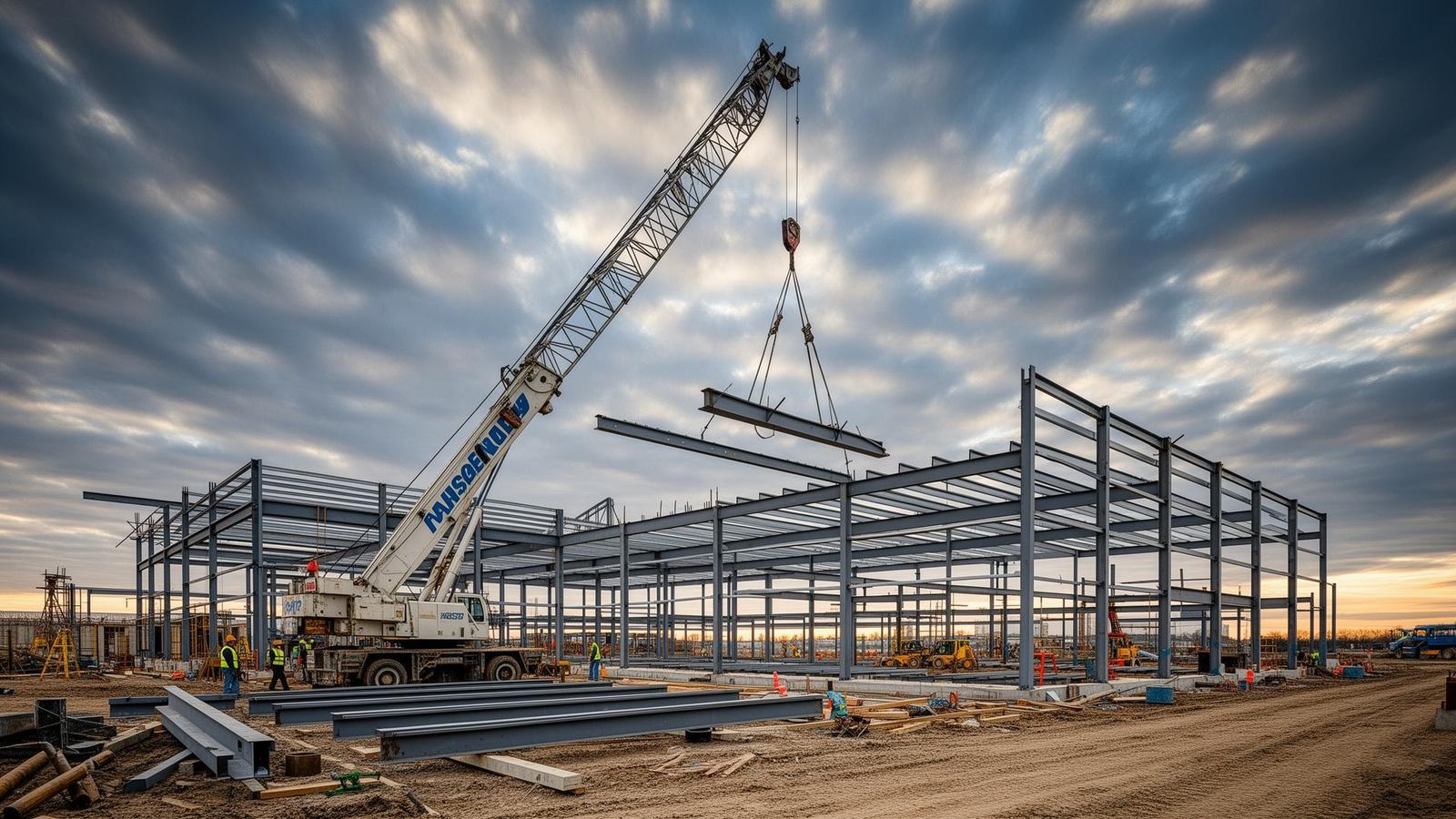 7S Erectors structural steel erection crew on an active Texas construction site